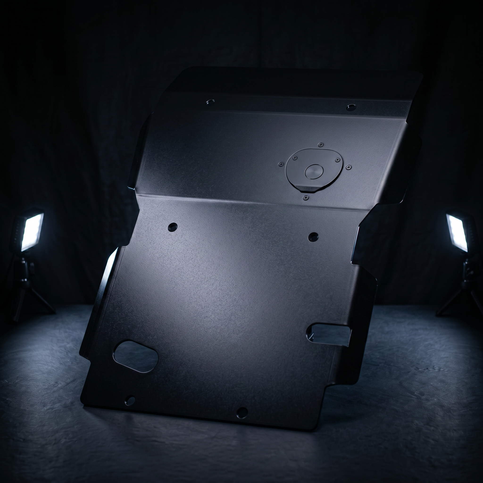 Dark metal object with circular components on a black background